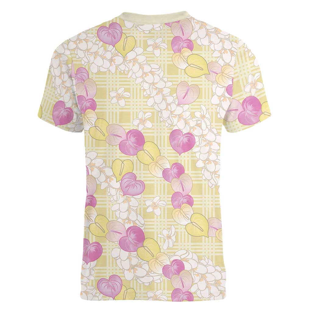 Anthurium Plumeria Lei Pastel Women V-Neck T-Shirt Yellow Hawaiian Splendid Palaka LT01 - Polynesian Pride