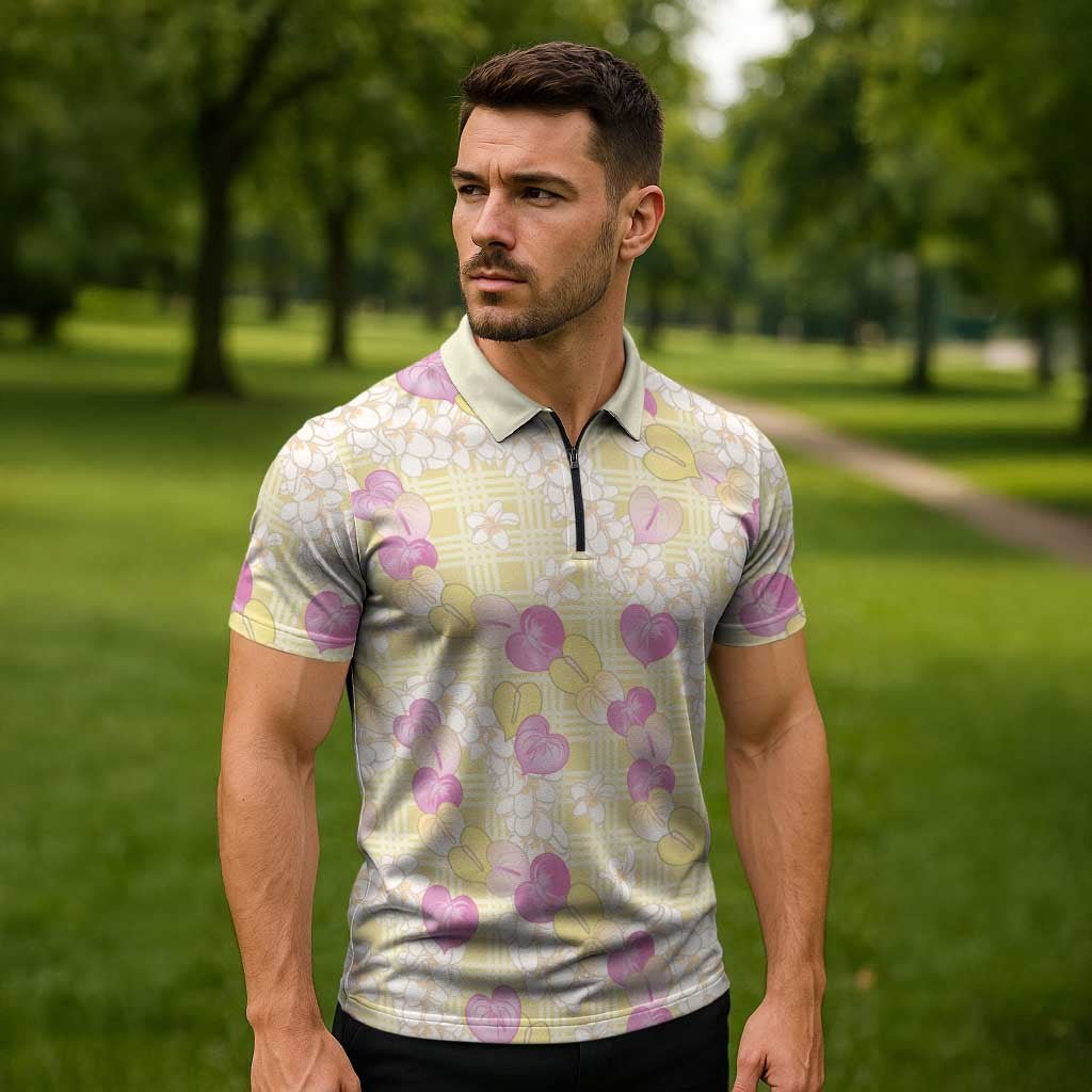 Anthurium Plumeria Lei Pastel Zipper Polo Shirt Yellow Hawaiian Splendid Palaka