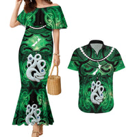 Personalised Maori Matariki Manaia Kakariki Couples Matching Mermaid Dress and Hawaiian Shirt Maori Kowhaiwhai Pattern Galaxy LT01 Green - Polynesian Pride