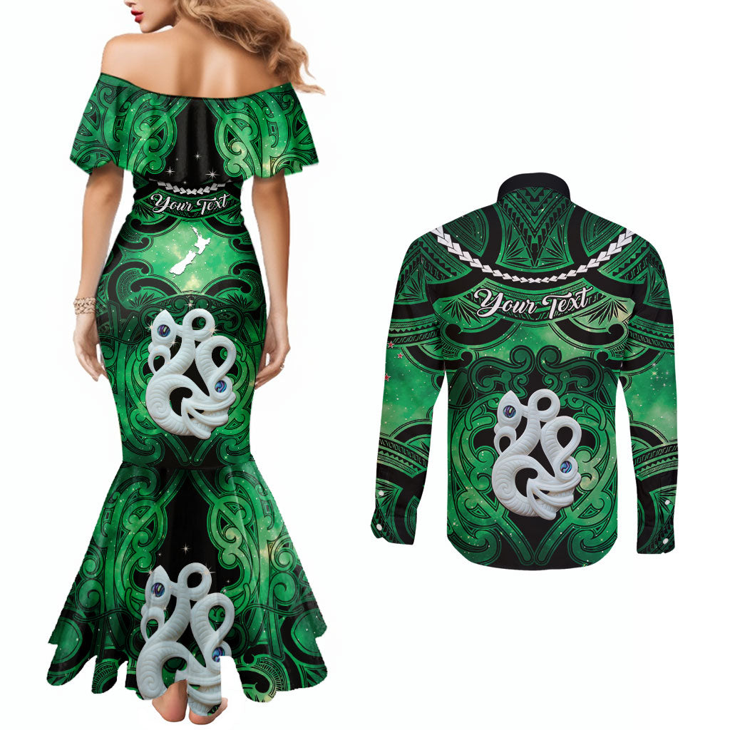 Personalised Maori Matariki Manaia Kakariki Couples Matching Mermaid Dress and Long Sleeve Button Shirt Maori Kowhaiwhai Pattern Galaxy LT01 - Polynesian Pride