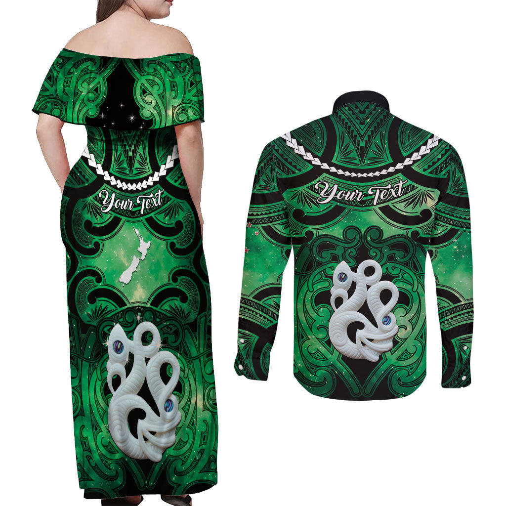 Personalised Maori Matariki Manaia Kakariki Couples Matching Off Shoulder Maxi Dress and Long Sleeve Button Shirt Maori Kowhaiwhai Pattern Galaxy LT01 - Polynesian Pride