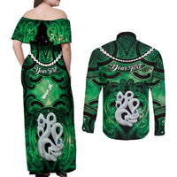 Personalised Maori Matariki Manaia Kakariki Couples Matching Off Shoulder Maxi Dress and Long Sleeve Button Shirt Maori Kowhaiwhai Pattern Galaxy LT01 - Polynesian Pride
