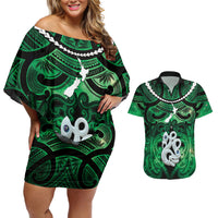 Personalised Maori Matariki Manaia Kakariki Couples Matching Off Shoulder Short Dress and Hawaiian Shirt Maori Kowhaiwhai Pattern Galaxy LT01 Green - Polynesian Pride