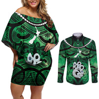 Personalised Maori Matariki Manaia Kakariki Couples Matching Off Shoulder Short Dress and Long Sleeve Button Shirt Maori Kowhaiwhai Pattern Galaxy LT01 Green - Polynesian Pride