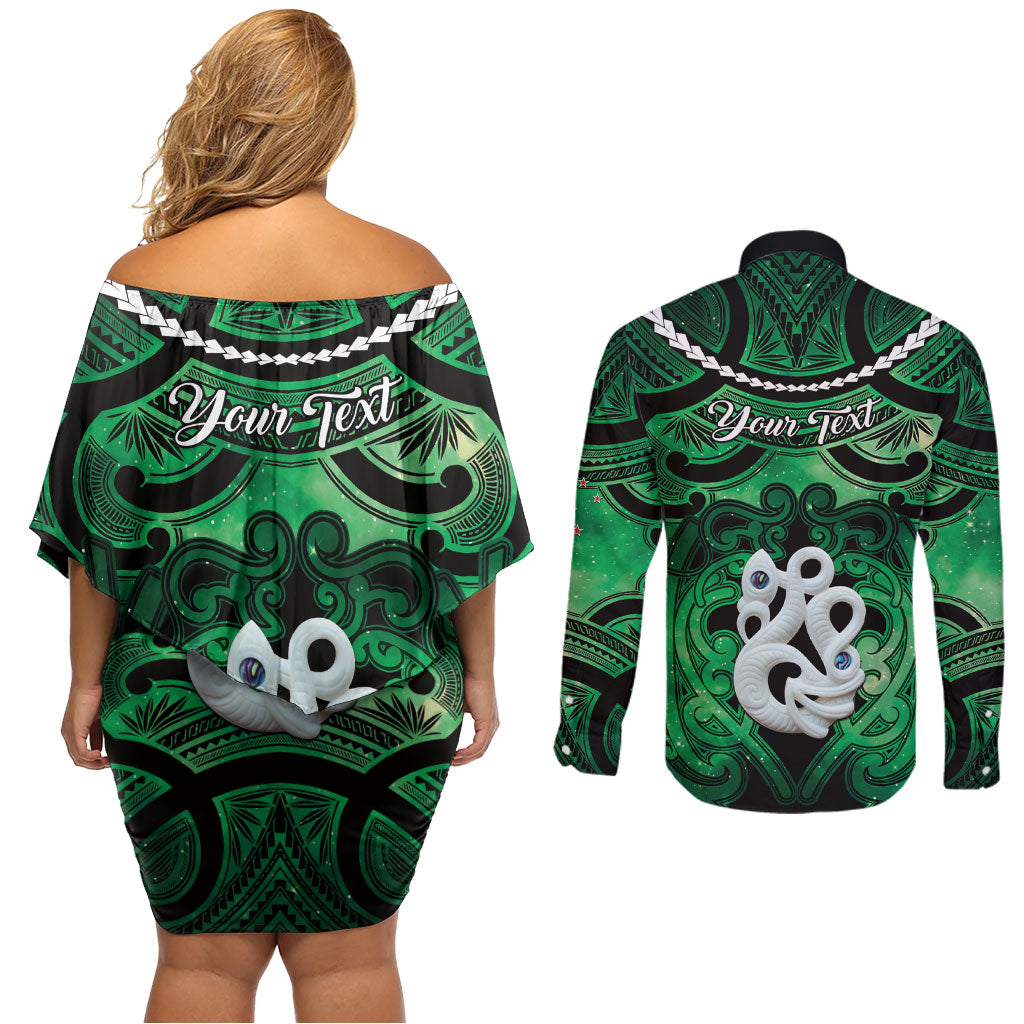 Personalised Maori Matariki Manaia Kakariki Couples Matching Off Shoulder Short Dress and Long Sleeve Button Shirt Maori Kowhaiwhai Pattern Galaxy LT01 - Polynesian Pride