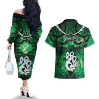 Personalised Maori Matariki Manaia Kakariki Couples Matching Off The Shoulder Long Sleeve Dress and Hawaiian Shirt Maori Kowhaiwhai Pattern Galaxy LT01 - Polynesian Pride