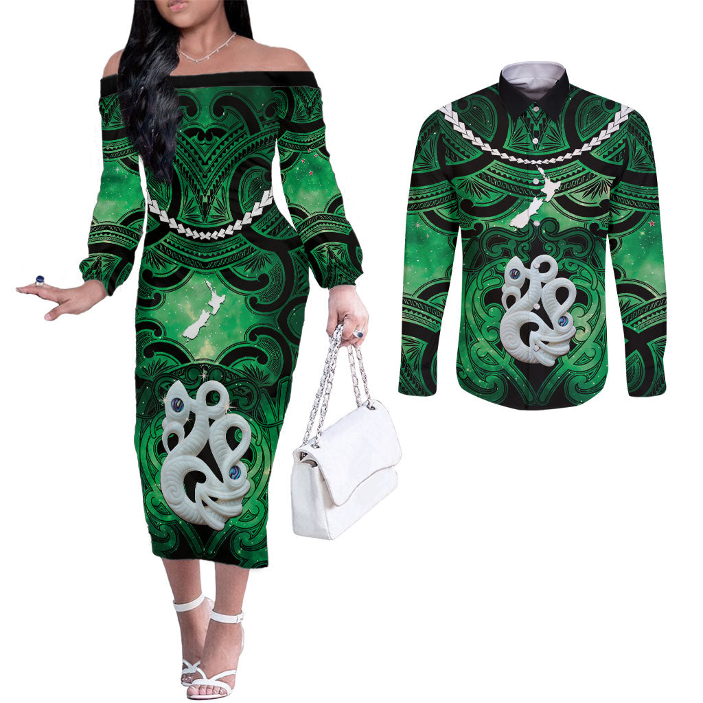 Personalised Maori Matariki Manaia Kakariki Couples Matching Off The Shoulder Long Sleeve Dress and Long Sleeve Button Shirt Maori Kowhaiwhai Pattern Galaxy LT01 Green - Polynesian Pride