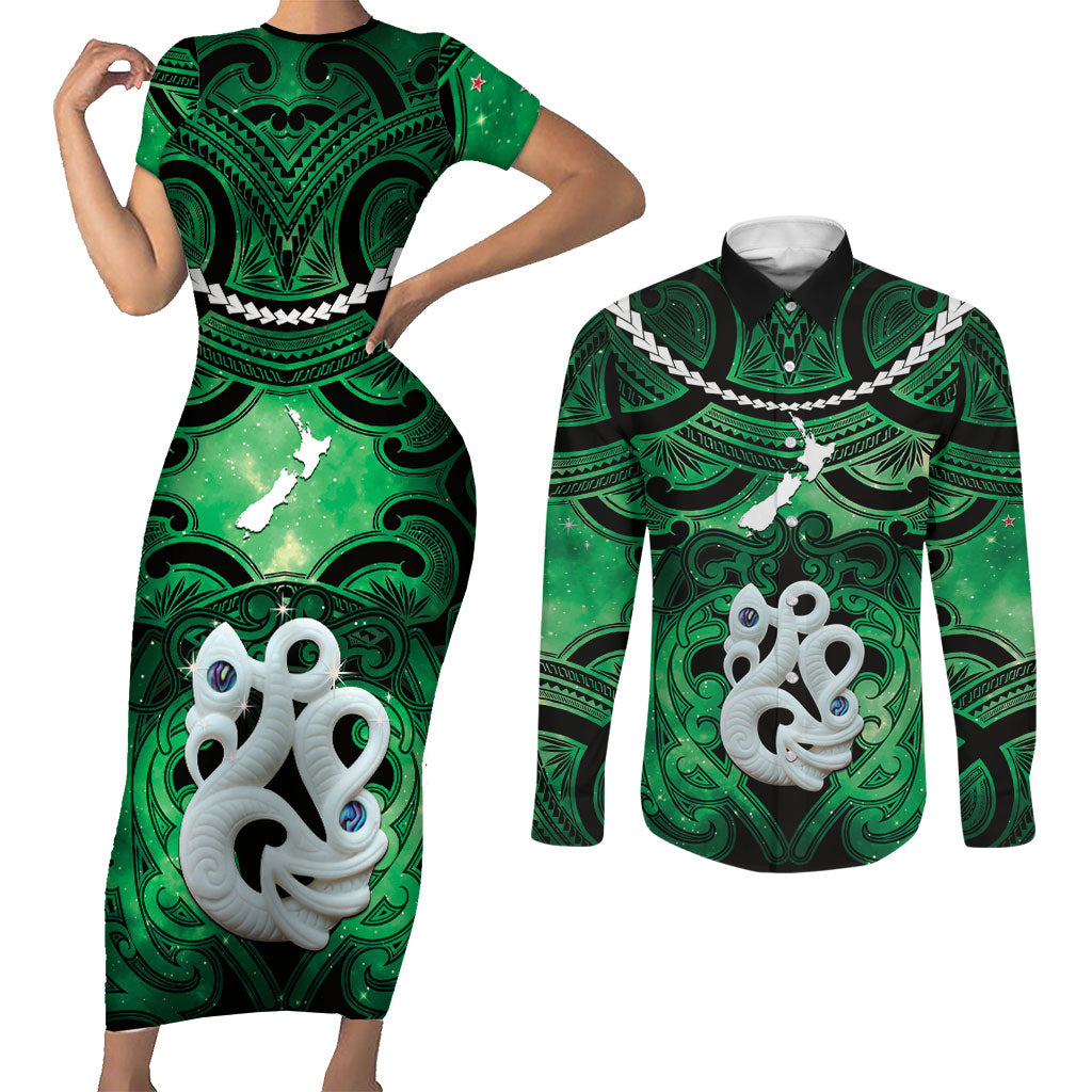 Personalised Maori Matariki Manaia Kakariki Couples Matching Short Sleeve Bodycon Dress and Long Sleeve Button Shirt Maori Kowhaiwhai Pattern Galaxy LT01 Green - Polynesian Pride