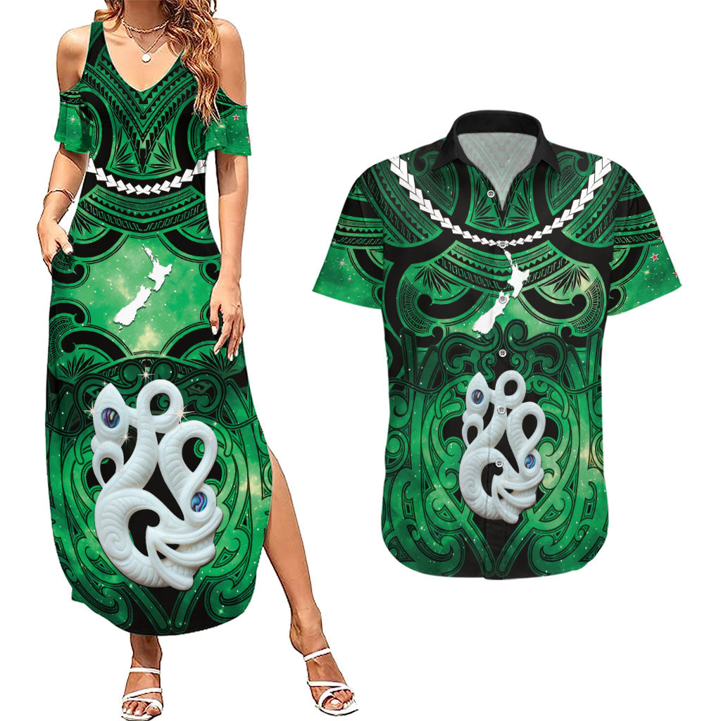 Personalised Maori Matariki Manaia Kakariki Couples Matching Summer Maxi Dress and Hawaiian Shirt Maori Kowhaiwhai Pattern Galaxy LT01 Green - Polynesian Pride