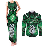 Personalised Maori Matariki Manaia Kakariki Couples Matching Tank Maxi Dress and Long Sleeve Button Shirt Maori Kowhaiwhai Pattern Galaxy LT01 Green - Polynesian Pride