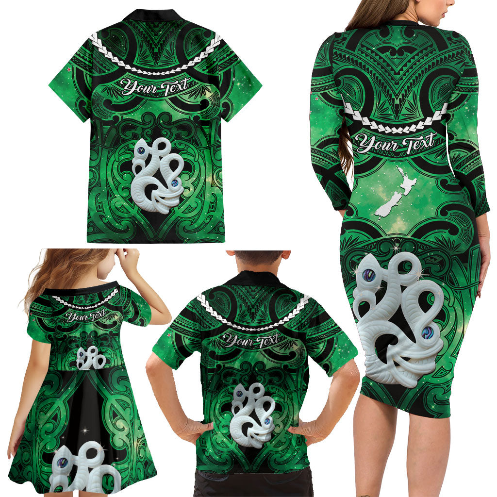 Personalised Maori Matariki Manaia Kakariki Family Matching Long Sleeve Bodycon Dress and Hawaiian Shirt Maori Kowhaiwhai Pattern Galaxy LT01 - Polynesian Pride