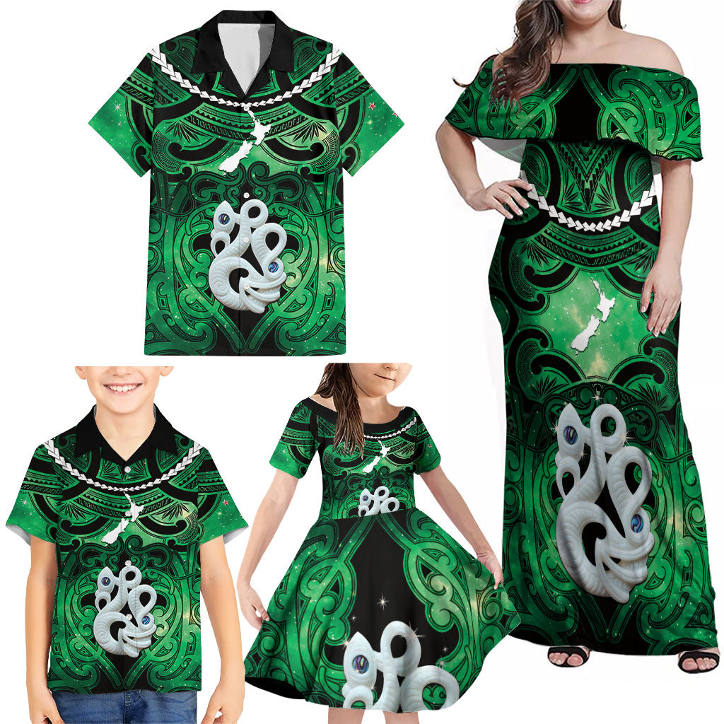Personalised Maori Matariki Manaia Kakariki Family Matching Off Shoulder Maxi Dress and Hawaiian Shirt Maori Kowhaiwhai Pattern Galaxy LT01 - Polynesian Pride