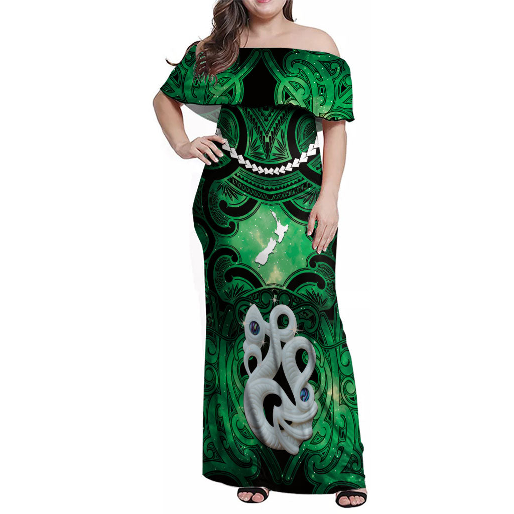 Personalised Maori Matariki Manaia Kakariki Family Matching Off Shoulder Maxi Dress and Hawaiian Shirt Maori Kowhaiwhai Pattern Galaxy LT01 Mom's Dress Green - Polynesian Pride