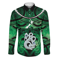 Personalised Maori Matariki Manaia Kakariki Family Matching Off Shoulder Short Dress and Hawaiian Shirt Maori Kowhaiwhai Pattern Galaxy LT01 Dad's Shirt - Long Sleeve Green - Polynesian Pride