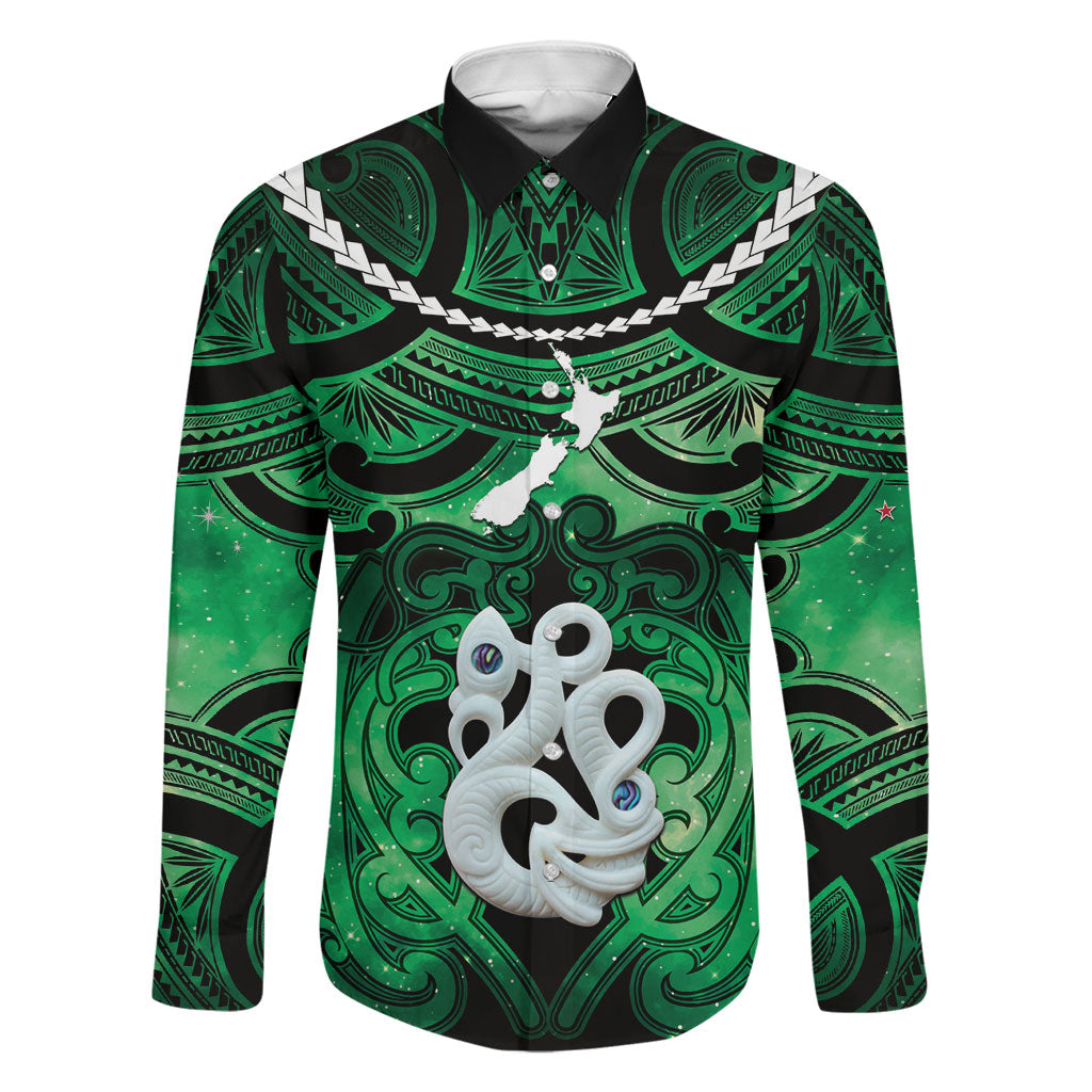 Personalised Maori Matariki Manaia Kakariki Family Matching Summer Maxi Dress and Hawaiian Shirt Maori Kowhaiwhai Pattern Galaxy LT01 Dad's Shirt - Long Sleeve Green - Polynesian Pride