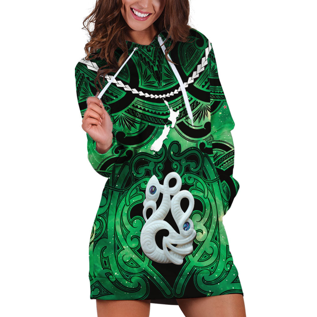 Personalised Maori Matariki Manaia Kakariki Hoodie Dress Maori Kowhaiwhai Pattern Galaxy