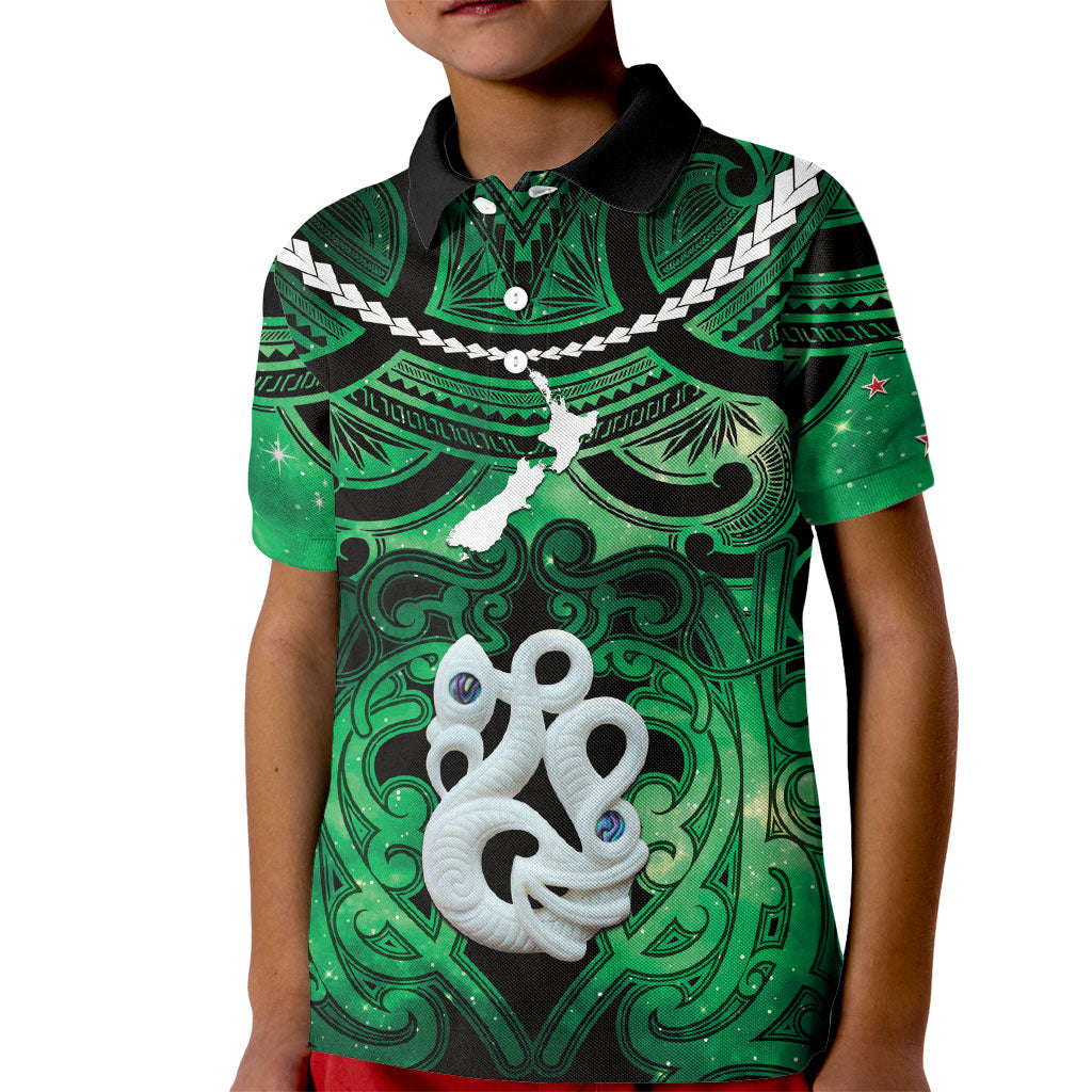 Personalised Maori Matariki Manaia Kakariki Kid Polo Shirt Maori Kowhaiwhai Pattern Galaxy