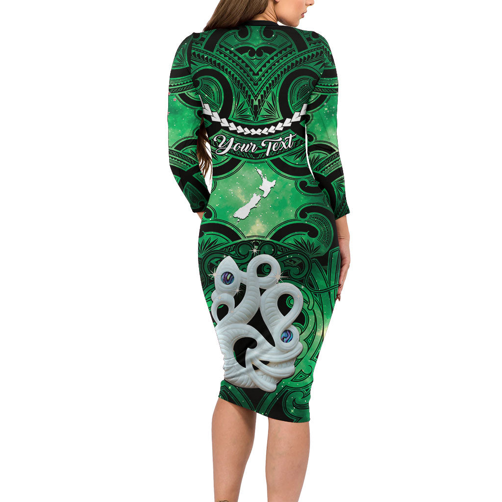 Personalised Maori Matariki Manaia Kakariki Long Sleeve Bodycon Dress Maori Kowhaiwhai Pattern Galaxy