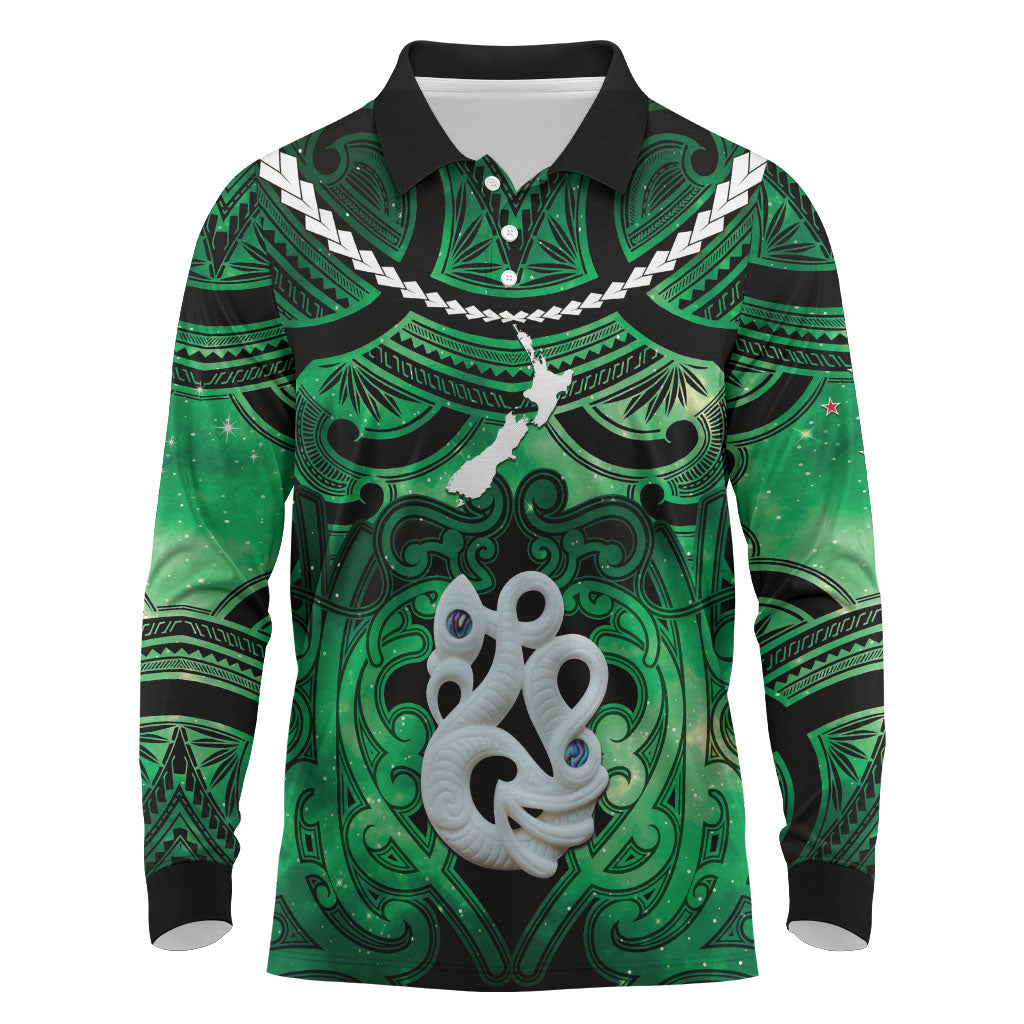 Personalised Maori Matariki Manaia Kakariki Long Sleeve Polo Shirt Maori Kowhaiwhai Pattern Galaxy