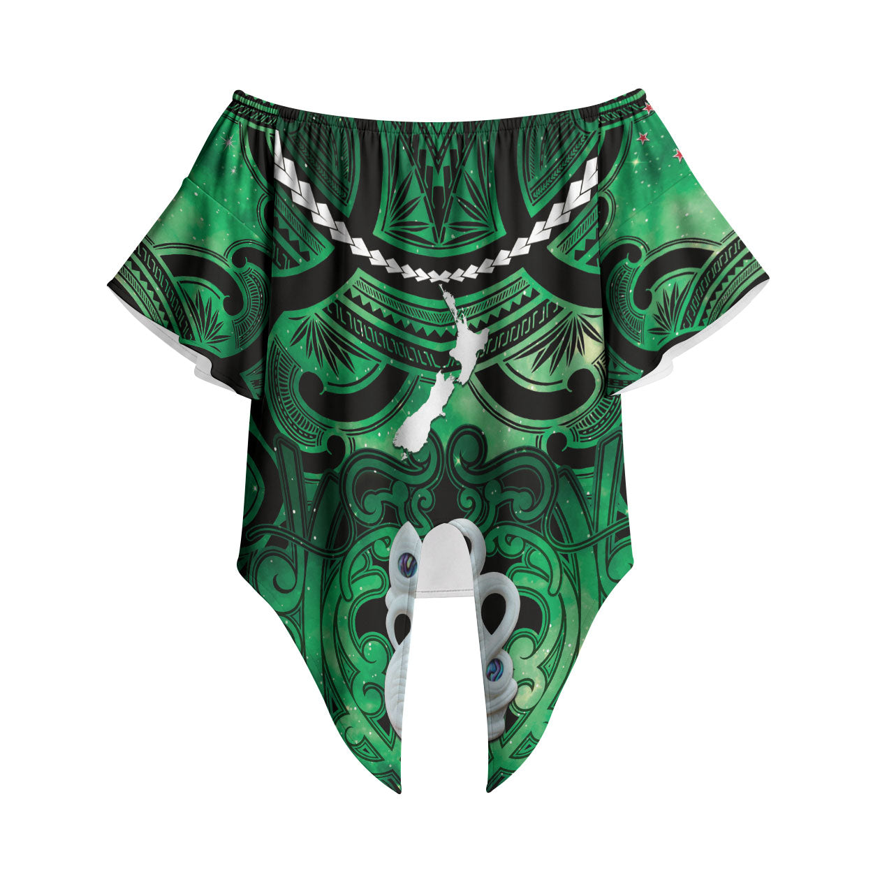 Personalised Maori Matariki Manaia Kakariki Off Shoulder Wrap Waist Top Maori Kowhaiwhai Pattern Galaxy LT01 Green - Polynesian Pride