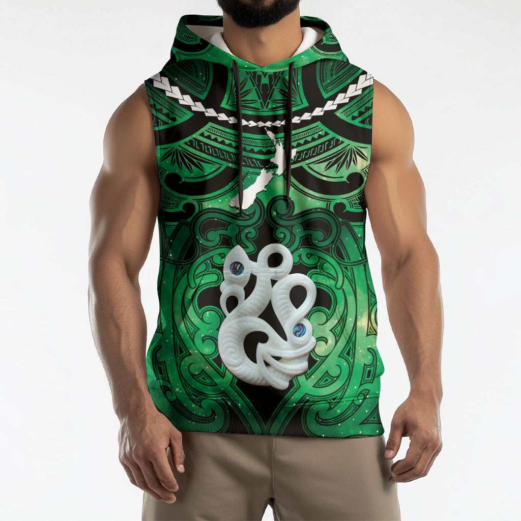 Personalised Maori Matariki Manaia Kakariki Sleeveless Hoodie Maori Kowhaiwhai Pattern Galaxy