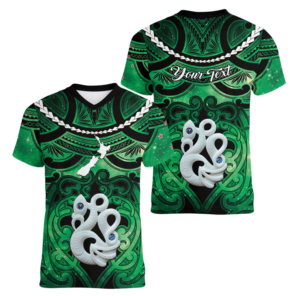 Personalised Maori Matariki Manaia Kakariki Women V-Neck T-Shirt Maori Kowhaiwhai Pattern Galaxy LT01 - Polynesian Pride