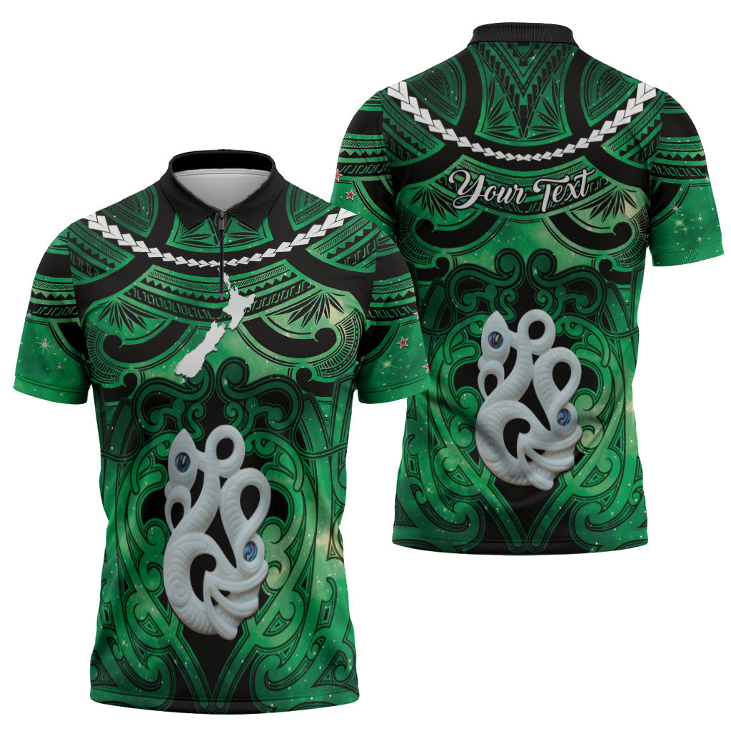 Personalised Maori Matariki Manaia Kakariki Zipper Polo Shirt Maori Kowhaiwhai Pattern Galaxy