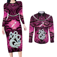 Personalised Maori Matariki Manaia Mawhero Couples Matching Long Sleeve Bodycon Dress and Long Sleeve Button Shirt Maori Kowhaiwhai Pattern Galaxy LT01 Pink - Polynesian Pride