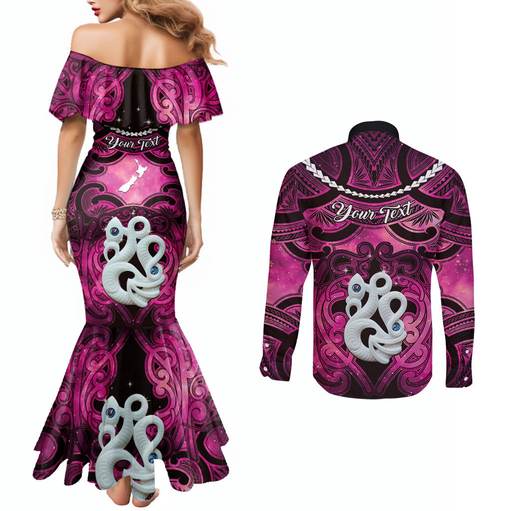 Personalised Maori Matariki Manaia Mawhero Couples Matching Mermaid Dress and Long Sleeve Button Shirt Maori Kowhaiwhai Pattern Galaxy LT01 - Polynesian Pride