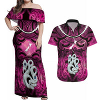 Personalised Maori Matariki Manaia Mawhero Couples Matching Off Shoulder Maxi Dress and Hawaiian Shirt Maori Kowhaiwhai Pattern Galaxy LT01 Pink - Polynesian Pride