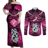 Personalised Maori Matariki Manaia Mawhero Couples Matching Off Shoulder Maxi Dress and Long Sleeve Button Shirt Maori Kowhaiwhai Pattern Galaxy LT01 Pink - Polynesian Pride