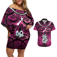 Personalised Maori Matariki Manaia Mawhero Couples Matching Off Shoulder Short Dress and Hawaiian Shirt Maori Kowhaiwhai Pattern Galaxy LT01 Pink - Polynesian Pride