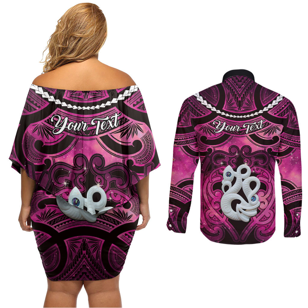 Personalised Maori Matariki Manaia Mawhero Couples Matching Off Shoulder Short Dress and Long Sleeve Button Shirt Maori Kowhaiwhai Pattern Galaxy LT01 - Polynesian Pride