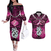 Personalised Maori Matariki Manaia Mawhero Couples Matching Off The Shoulder Long Sleeve Dress and Hawaiian Shirt Maori Kowhaiwhai Pattern Galaxy LT01 Pink - Polynesian Pride