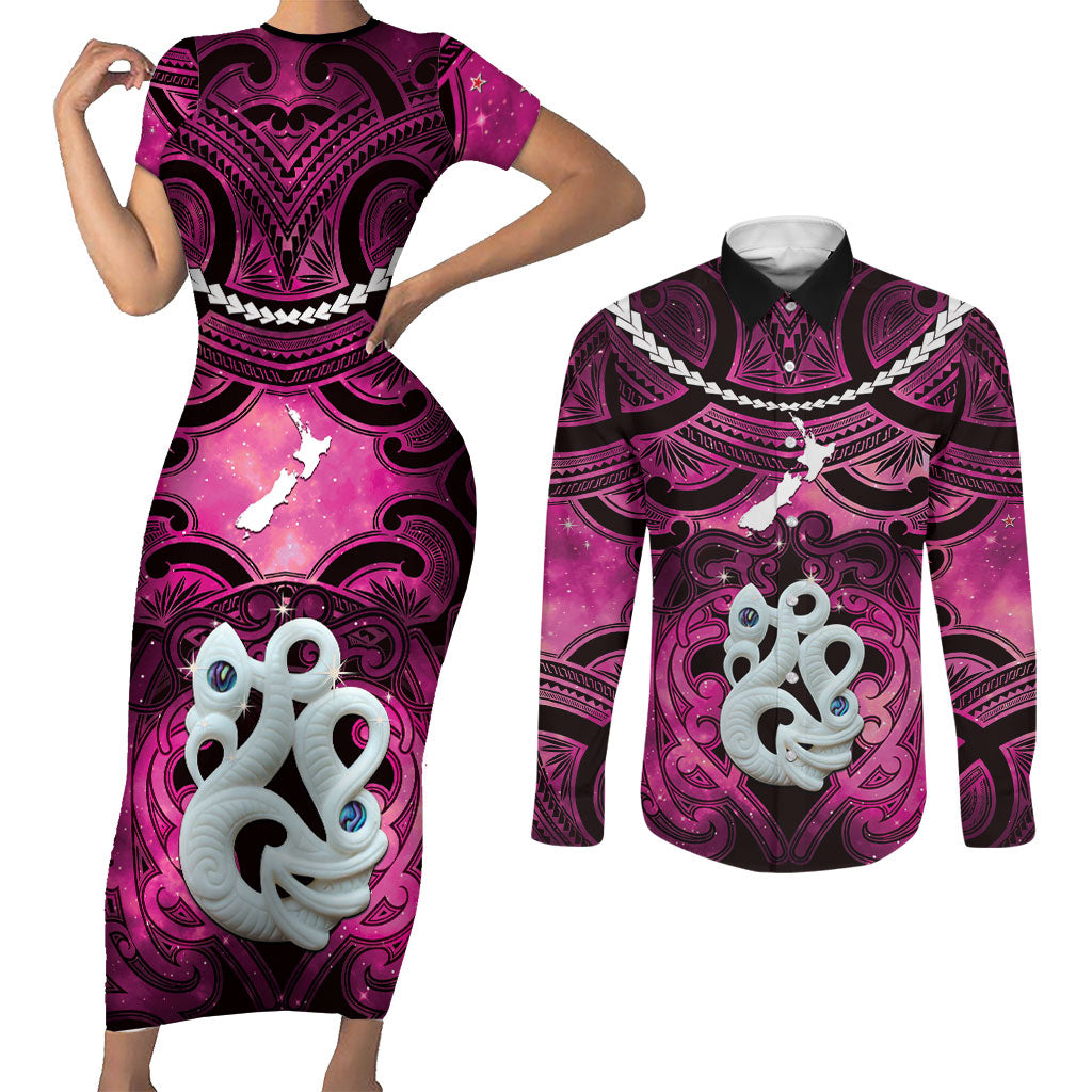 Personalised Maori Matariki Manaia Mawhero Couples Matching Short Sleeve Bodycon Dress and Long Sleeve Button Shirt Maori Kowhaiwhai Pattern Galaxy LT01 Pink - Polynesian Pride