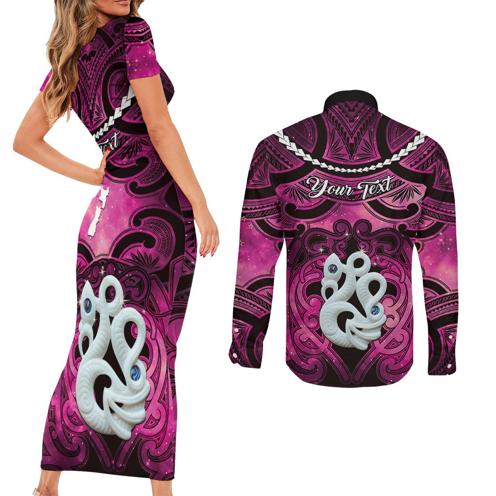 Personalised Maori Matariki Manaia Mawhero Couples Matching Short Sleeve Bodycon Dress and Long Sleeve Button Shirt Maori Kowhaiwhai Pattern Galaxy LT01 - Polynesian Pride