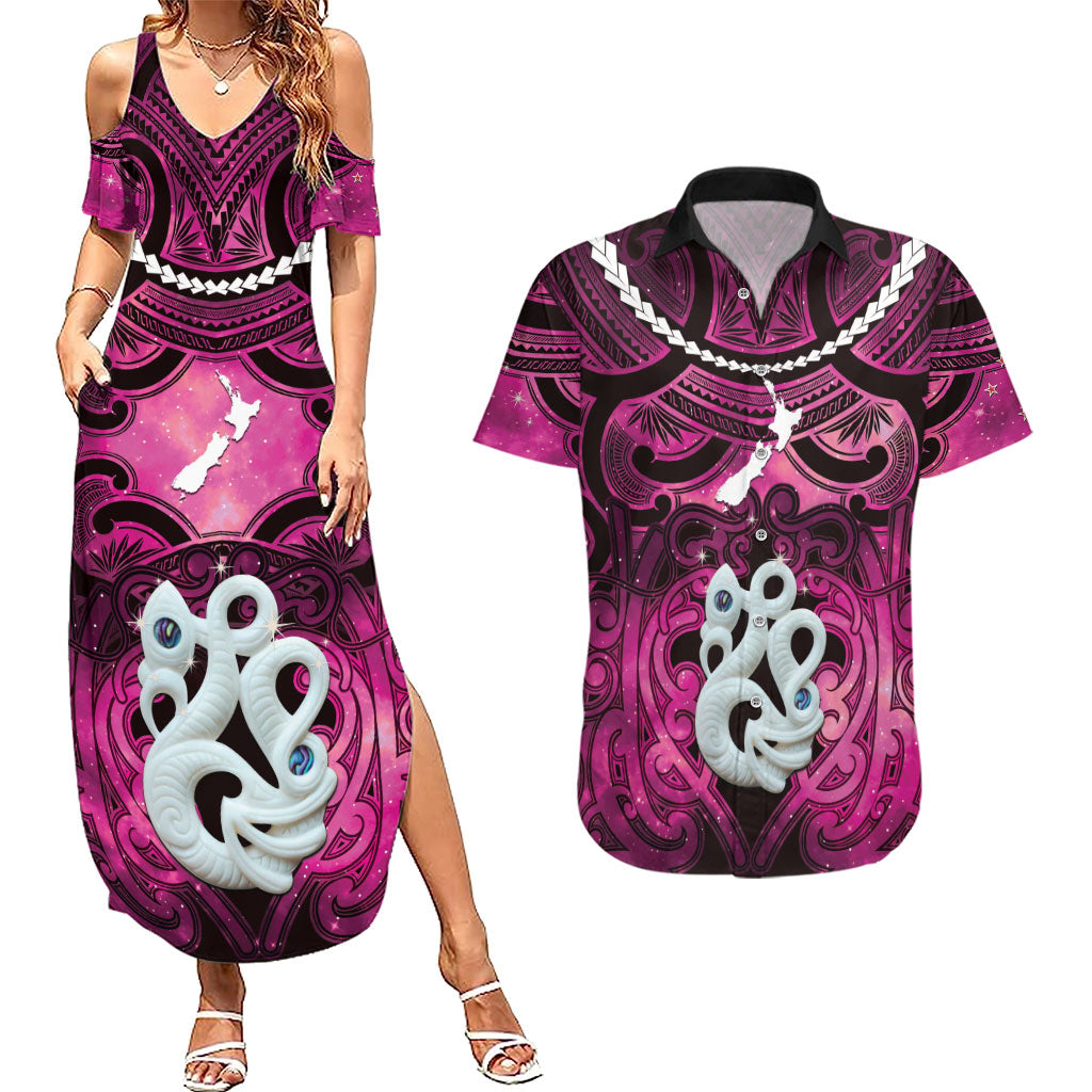 Personalised Maori Matariki Manaia Mawhero Couples Matching Summer Maxi Dress and Hawaiian Shirt Maori Kowhaiwhai Pattern Galaxy LT01 Pink - Polynesian Pride