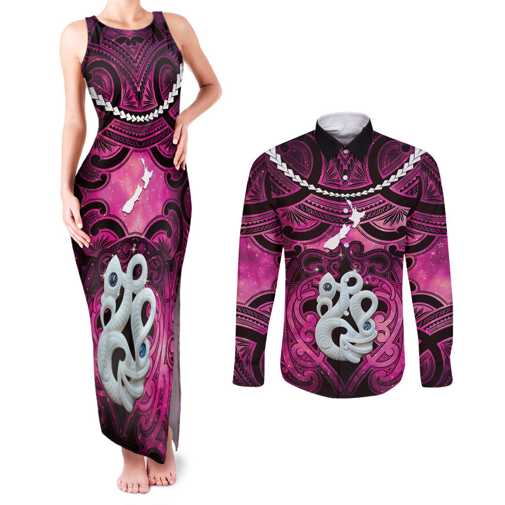 Personalised Maori Matariki Manaia Mawhero Couples Matching Tank Maxi Dress and Long Sleeve Button Shirt Maori Kowhaiwhai Pattern Galaxy LT01 Pink - Polynesian Pride
