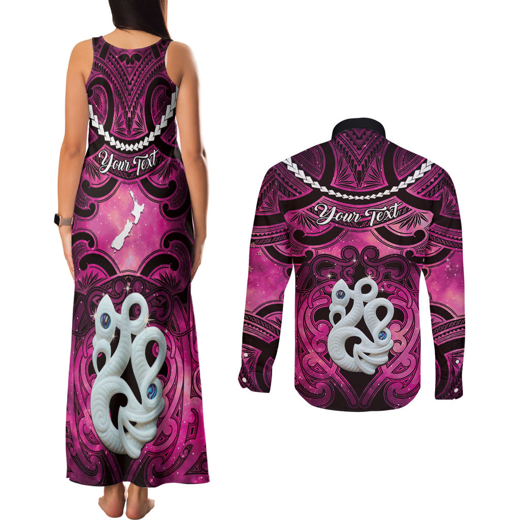 Personalised Maori Matariki Manaia Mawhero Couples Matching Tank Maxi Dress and Long Sleeve Button Shirt Maori Kowhaiwhai Pattern Galaxy LT01 - Polynesian Pride