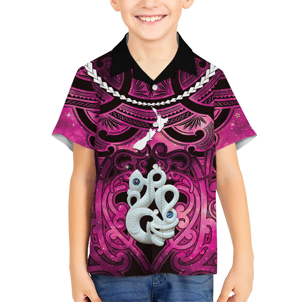Personalised Maori Matariki Manaia Mawhero Family Matching Long Sleeve Bodycon Dress and Hawaiian Shirt Maori Kowhaiwhai Pattern Galaxy LT01 Son's Shirt Pink - Polynesian Pride