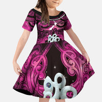 Personalised Maori Matariki Manaia Mawhero Family Matching Off Shoulder Short Dress and Hawaiian Shirt Maori Kowhaiwhai Pattern Galaxy LT01 Daughter's Dress Pink - Polynesian Pride