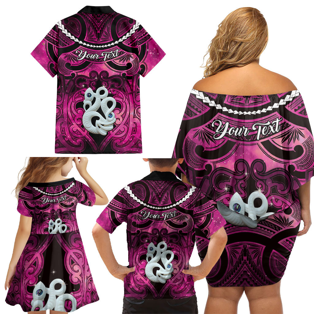 Personalised Maori Matariki Manaia Mawhero Family Matching Off Shoulder Short Dress and Hawaiian Shirt Maori Kowhaiwhai Pattern Galaxy LT01 - Polynesian Pride
