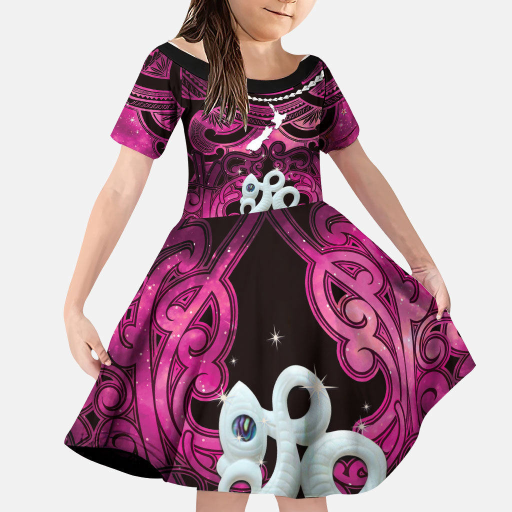 Personalised Maori Matariki Manaia Mawhero Family Matching Short Sleeve Bodycon Dress and Hawaiian Shirt Maori Kowhaiwhai Pattern Galaxy LT01 Daughter's Dress Pink - Polynesian Pride