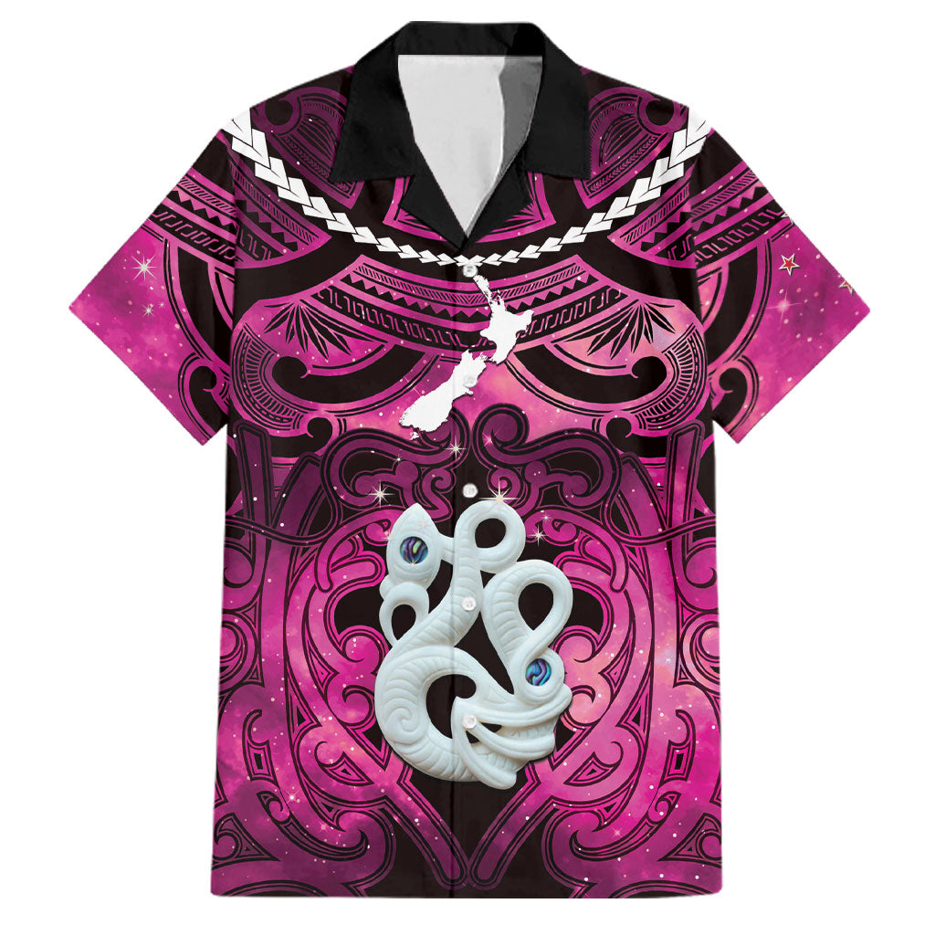 Personalised Maori Matariki Manaia Mawhero Family Matching Summer Maxi Dress and Hawaiian Shirt Maori Kowhaiwhai Pattern Galaxy LT01 Dad's Shirt - Short Sleeve Pink - Polynesian Pride