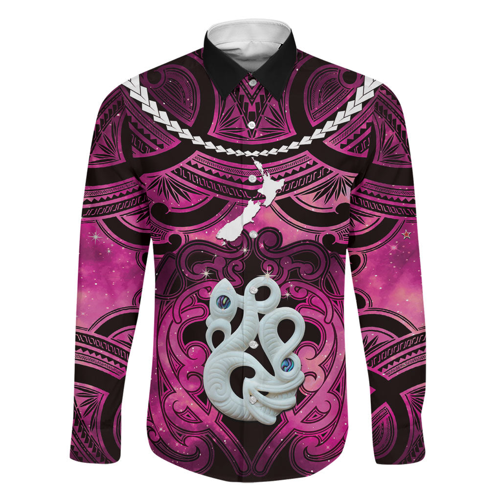 Personalised Maori Matariki Manaia Mawhero Family Matching Summer Maxi Dress and Hawaiian Shirt Maori Kowhaiwhai Pattern Galaxy LT01 Dad's Shirt - Long Sleeve Pink - Polynesian Pride