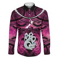 Personalised Maori Matariki Manaia Mawhero Family Matching Summer Maxi Dress and Hawaiian Shirt Maori Kowhaiwhai Pattern Galaxy LT01 Dad's Shirt - Long Sleeve Pink - Polynesian Pride