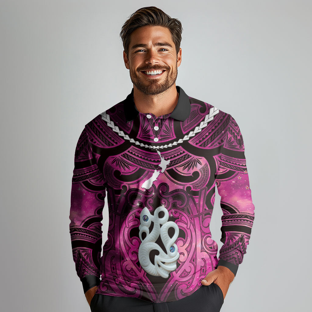 Personalised Maori Matariki Manaia Mawhero Long Sleeve Polo Shirt Maori Kowhaiwhai Pattern Galaxy