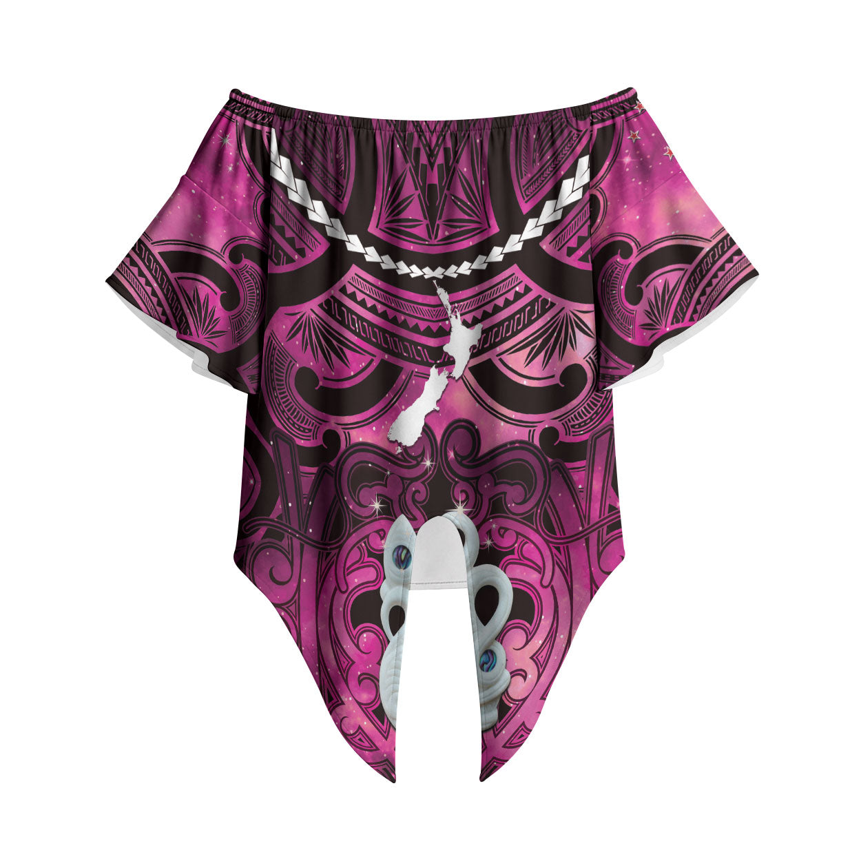 Personalised Maori Matariki Manaia Mawhero Off Shoulder Wrap Waist Top Maori Kowhaiwhai Pattern Galaxy LT01 Pink - Polynesian Pride