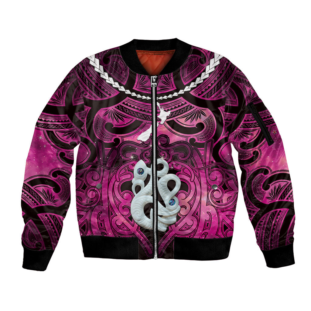 Personalised Maori Matariki Manaia Mawhero Sleeve Zip Bomber Jacket Maori Kowhaiwhai Pattern Galaxy
