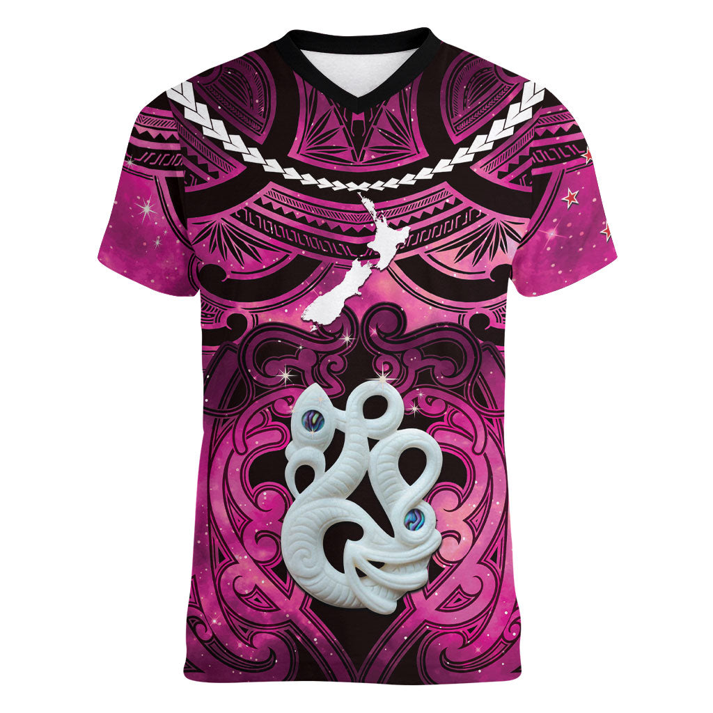 Personalised Maori Matariki Manaia Mawhero Women V-Neck T-Shirt Maori Kowhaiwhai Pattern Galaxy LT01 Female Pink - Polynesian Pride